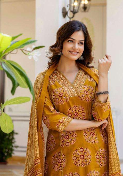 Mustard Printed Cotton Kurta Set