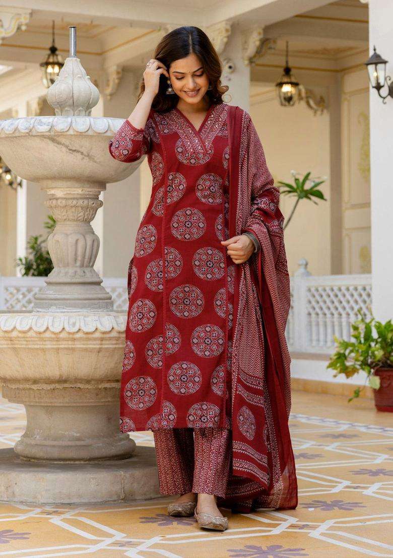Maroon Printed Cotton Kurta Set - Indya