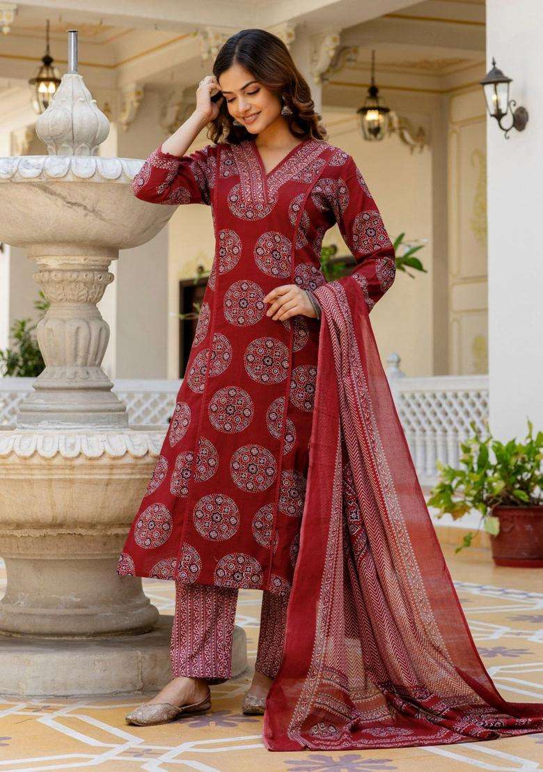 Maroon Printed Cotton Kurta Set - Indya