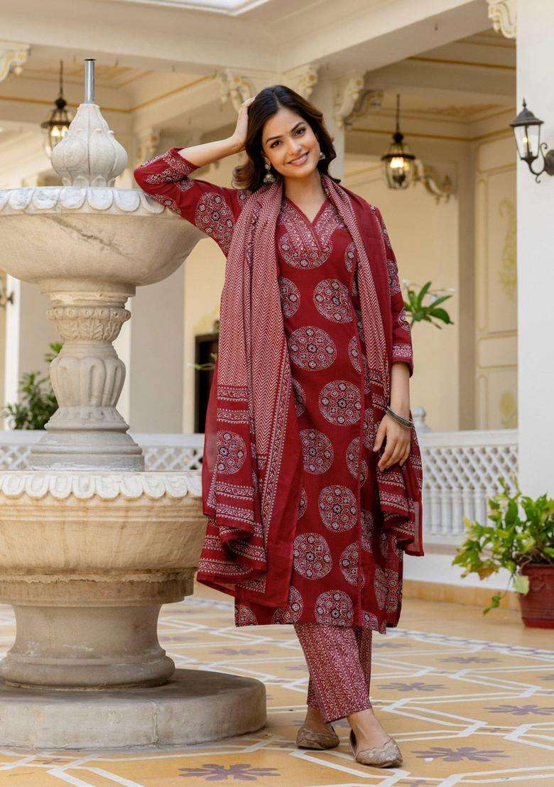 Maroon Printed Cotton Kurta Set - Indya