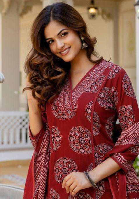 Maroon Printed Cotton Kurta Set