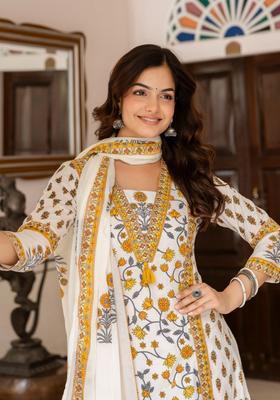 Mustard Printed Cotton Kurta Set