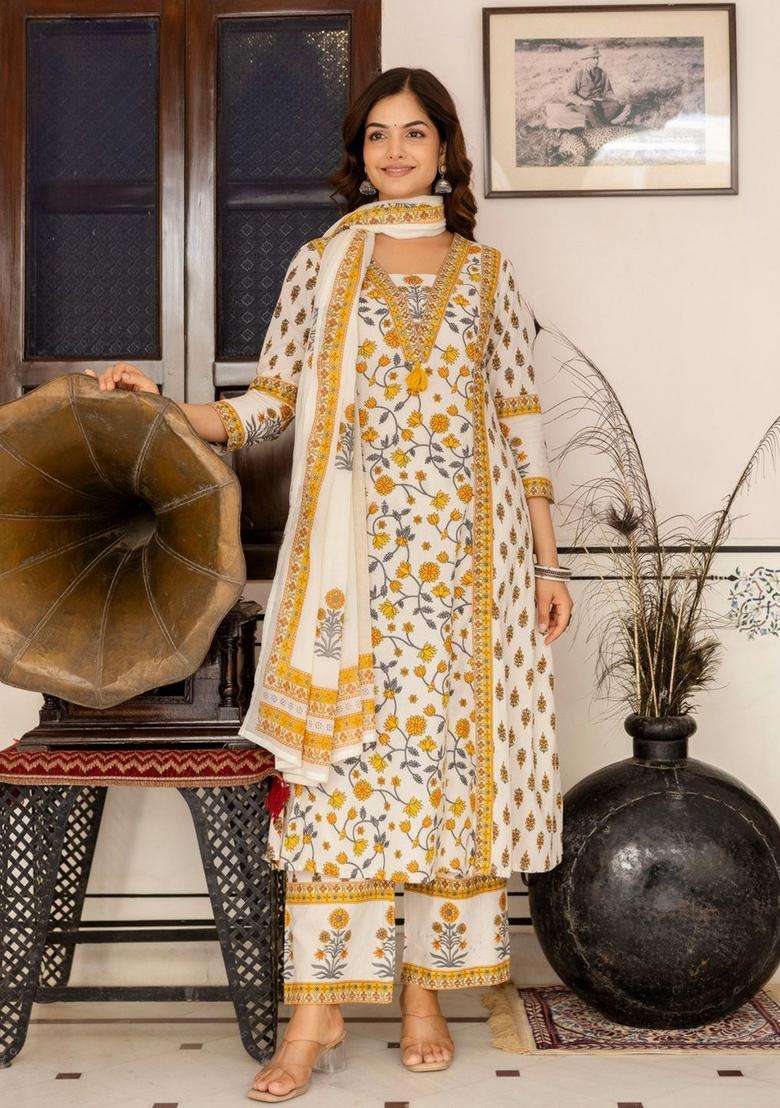 Mustard Printed Cotton Kurta Set - Indya