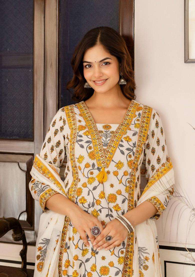 Mustard Printed Cotton Kurta Set - Indya