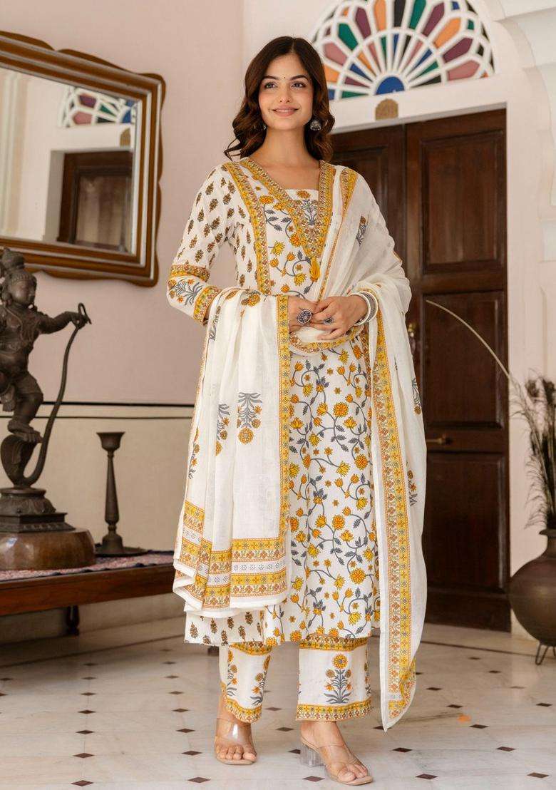 Mustard Printed Cotton Kurta Set - Indya