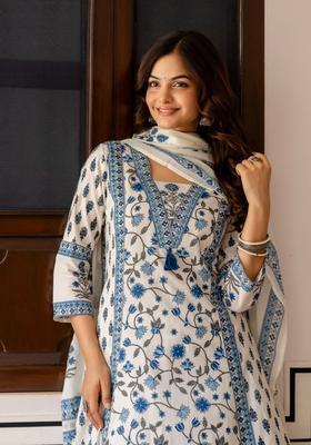 Beige Printed Cotton Kurta Set