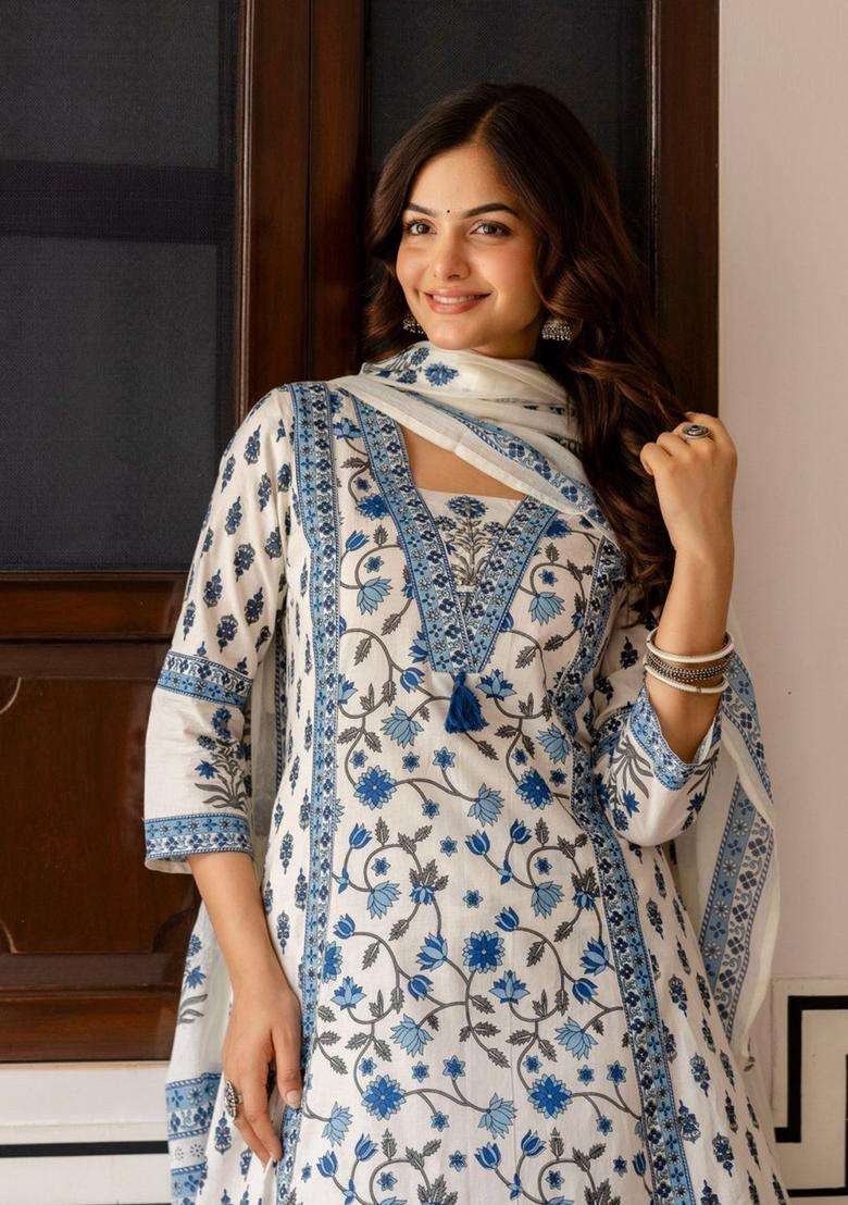 Beige Printed Cotton Kurta Set - Indya