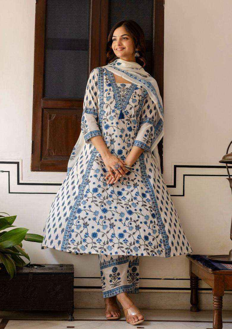 Beige Printed Cotton Kurta Set - Indya