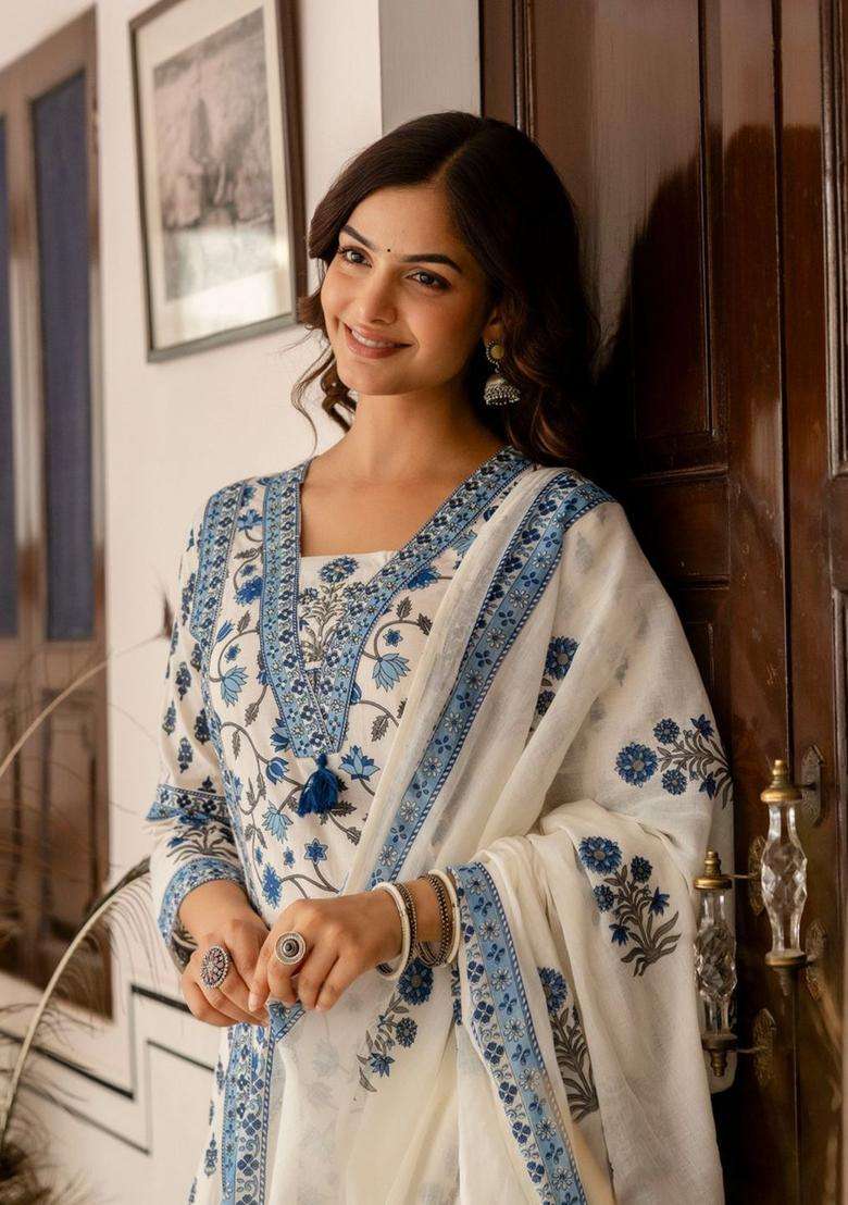 Beige Printed Cotton Kurta Set - Indya
