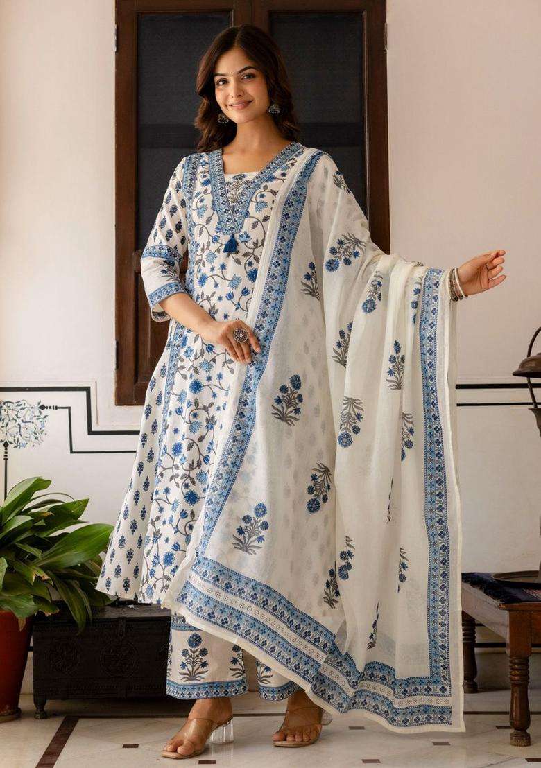 Beige Printed Cotton Kurta Set - Indya