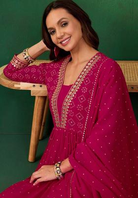 Pink Embroidered Georgette Anarkali Set