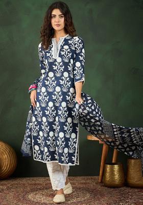 Navy Blue Printed Cotton Kurta Set
