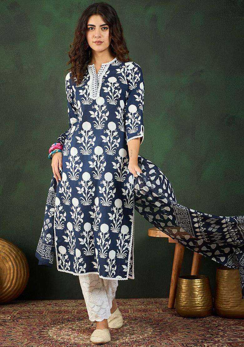 Navy Blue Printed Cotton Kurta Set - Indya