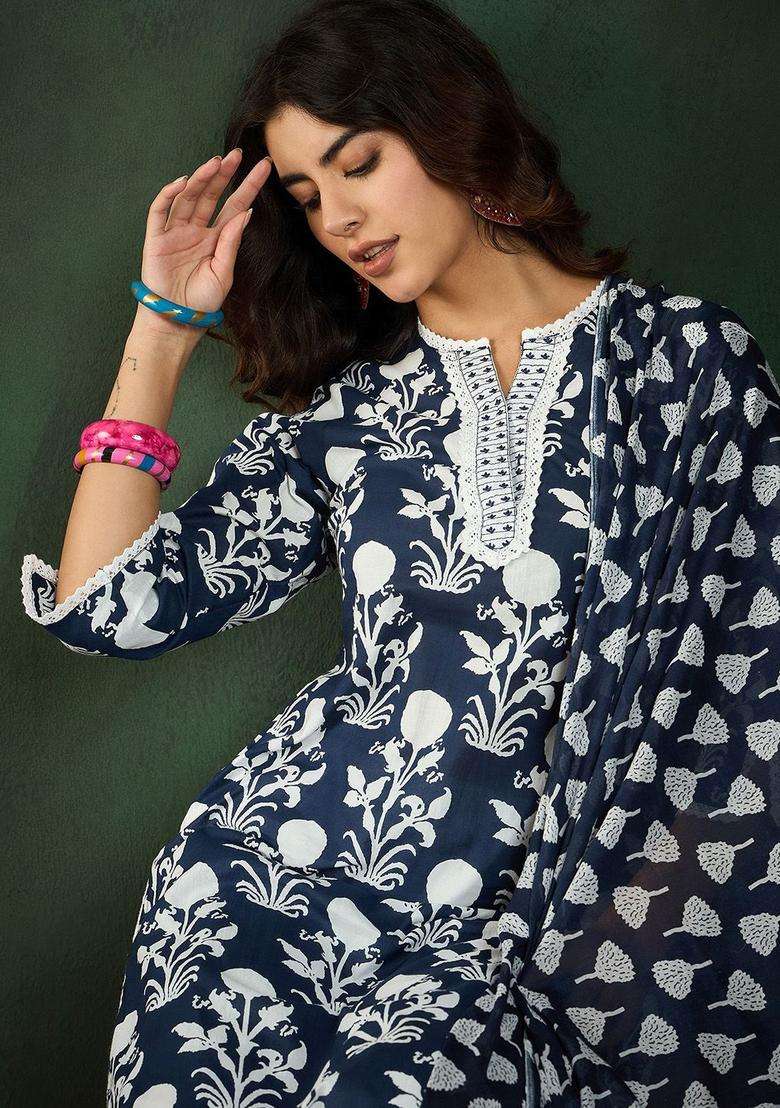 Navy Blue Printed Cotton Kurta Set - Indya