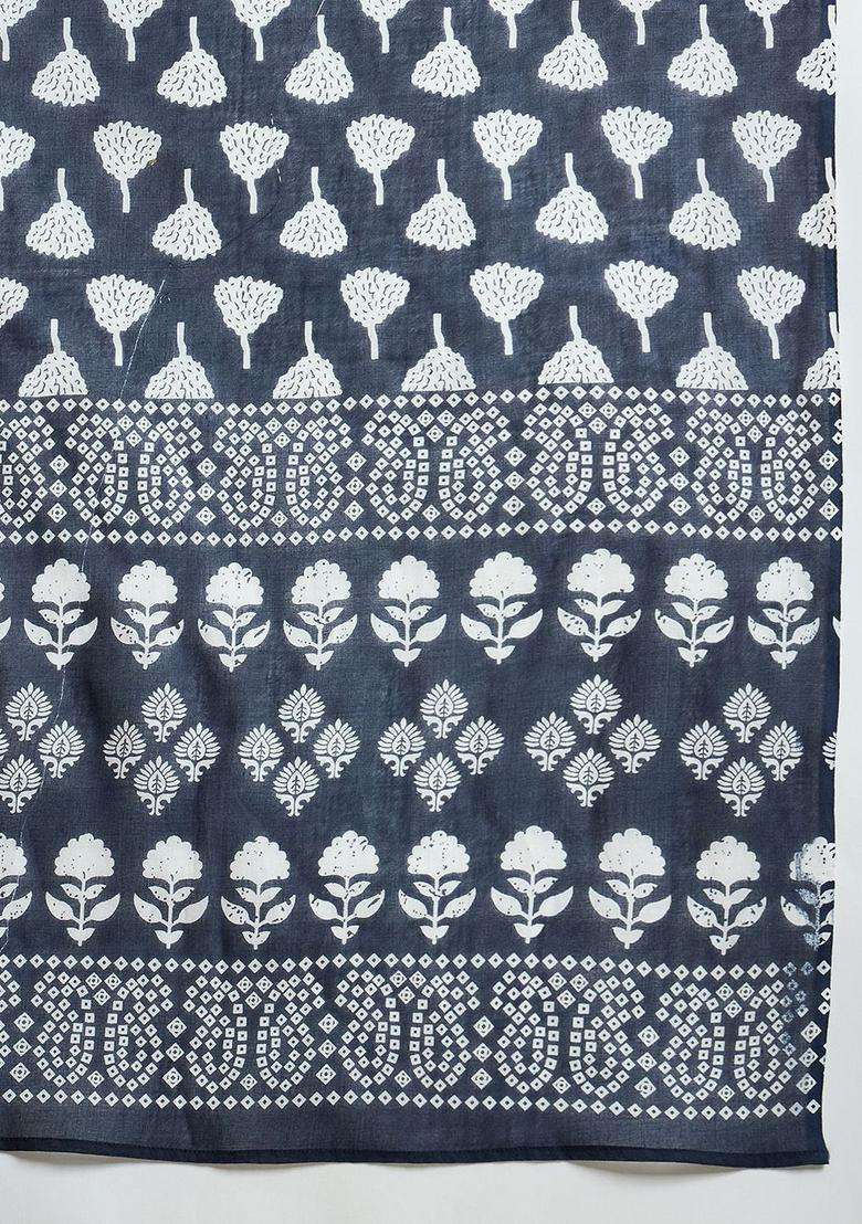 Navy Blue Printed Cotton Kurta Set - Indya