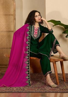 Green Embroidered Silk Kurta Set