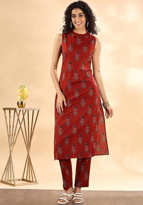 Maroon Printed Cotton Kurta Set