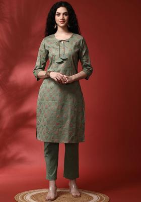 Olive Printed Cotton Kurta Set