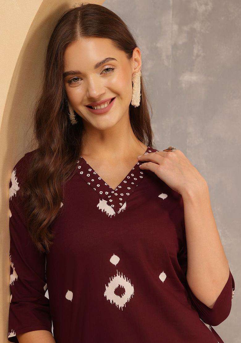 Burgundy Printed Cotton Kurta Set - Indya