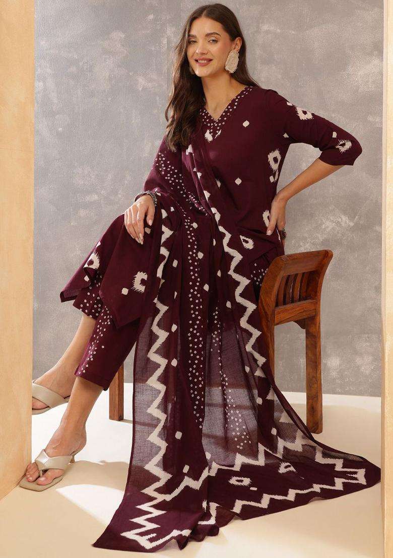 Burgundy Printed Cotton Kurta Set - Indya