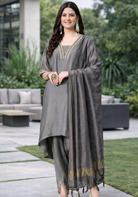 Grey Yoke Design Silk Kurta Set