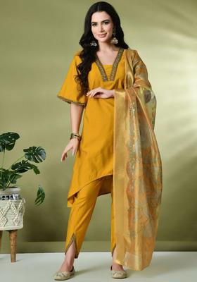 Mustard Solid Silk Kurta Set