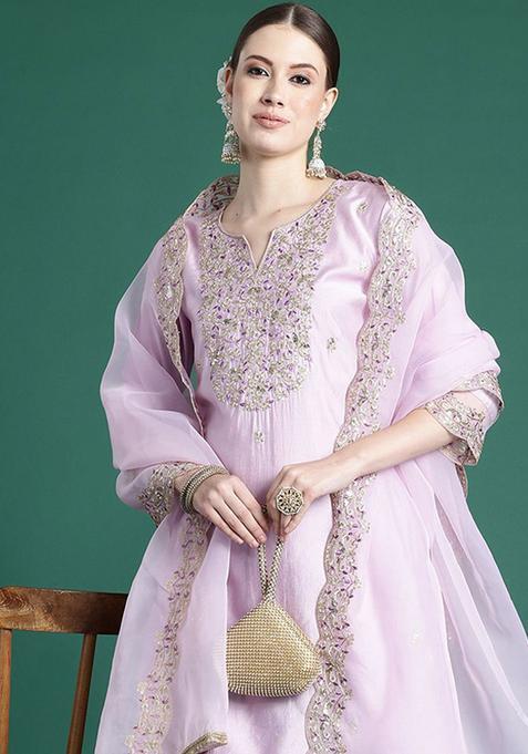Lavender Embroidered Liva Kurta Set — view on Indya