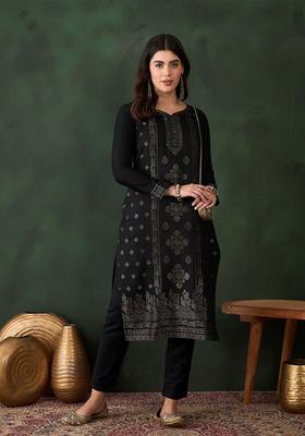 Black Woven Design Wool Blend Kurta Set