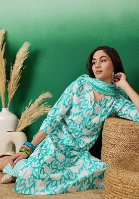 Sea Green Printed Cotton Kurta Set