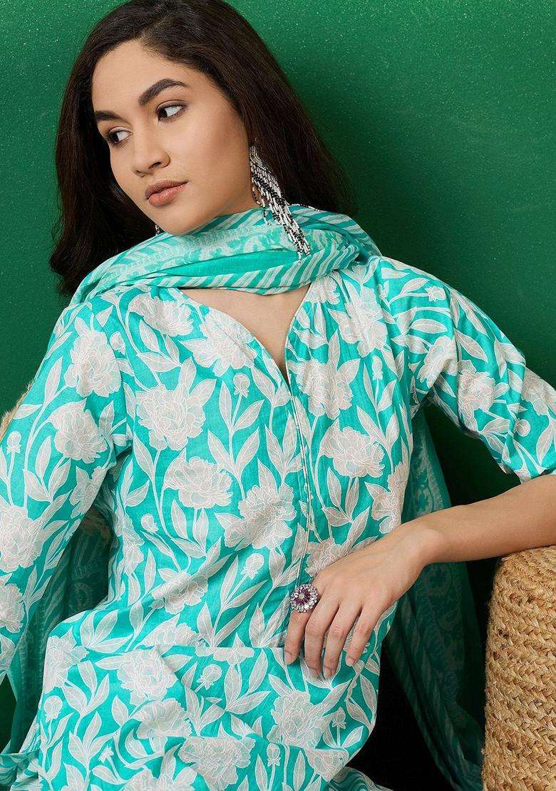 Sea Green Printed Cotton Kurta Set - Indya