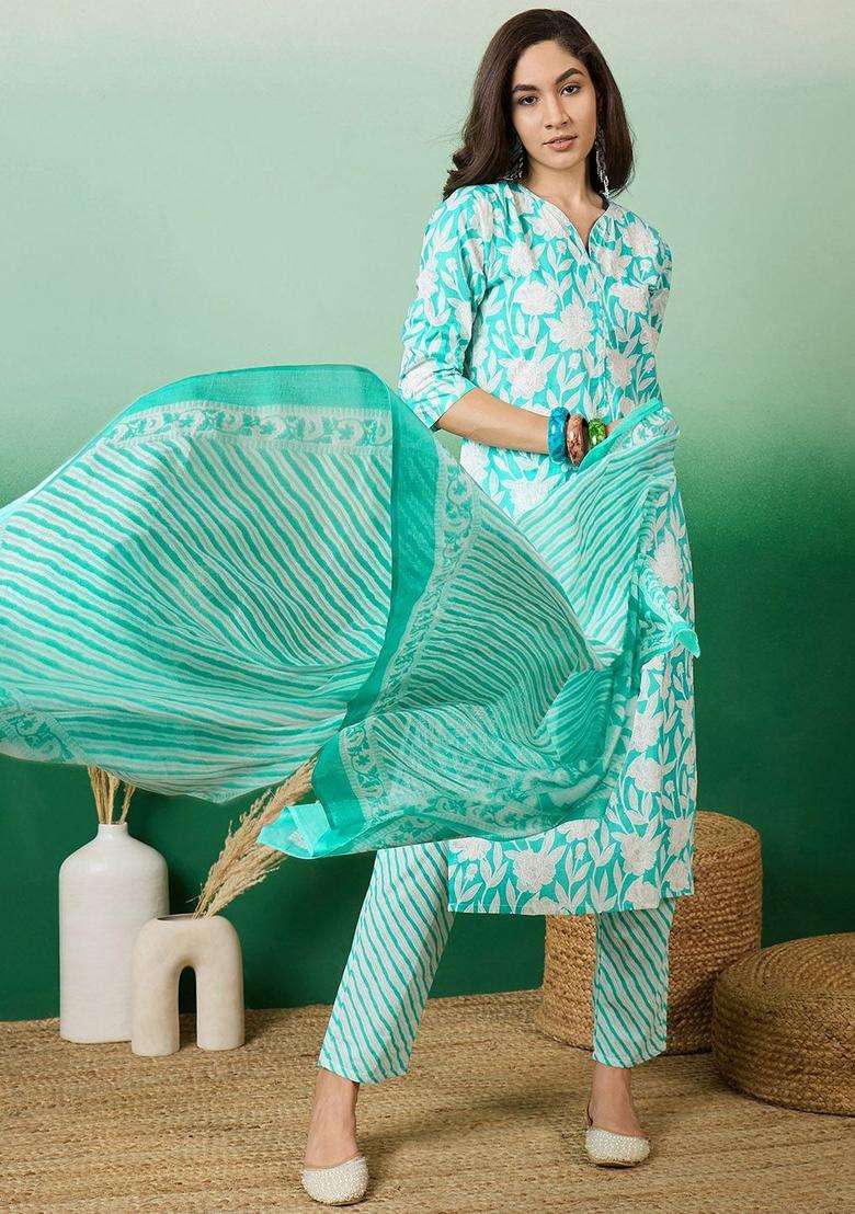 Sea Green Printed Cotton Kurta Set - Indya