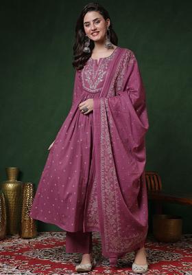 Purple Printed Cotton Anarkali Set