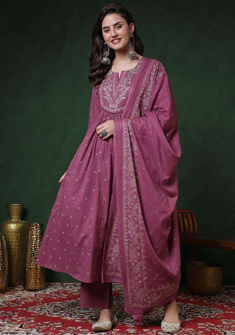 Purple Printed Cotton Anarkali Set - Indya