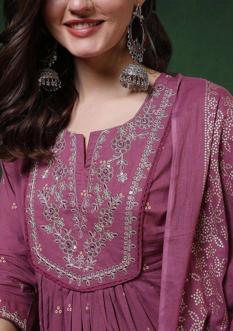 Purple Printed Cotton Anarkali Set - Indya