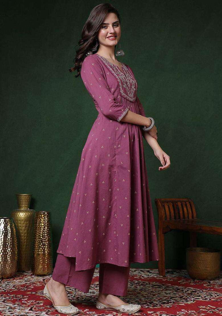 Purple Printed Cotton Anarkali Set - Indya