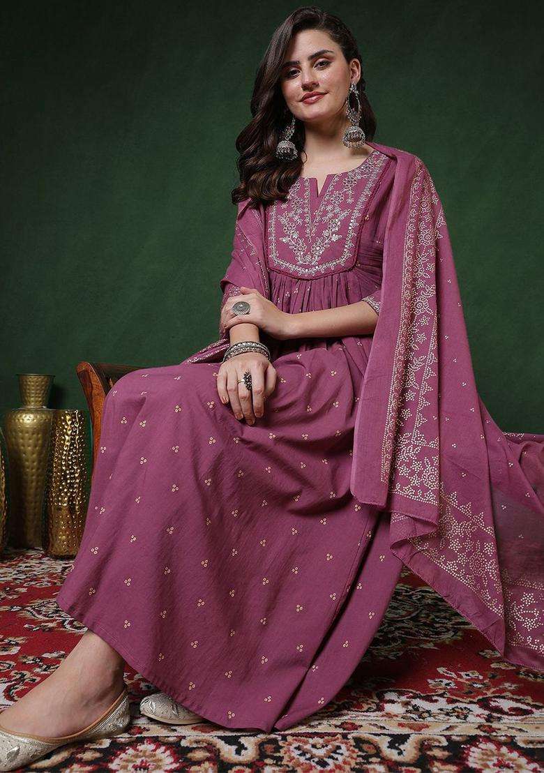 Purple Printed Cotton Anarkali Set - Indya