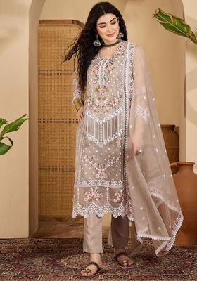 Grey Embroidered Organza Kurta Set
