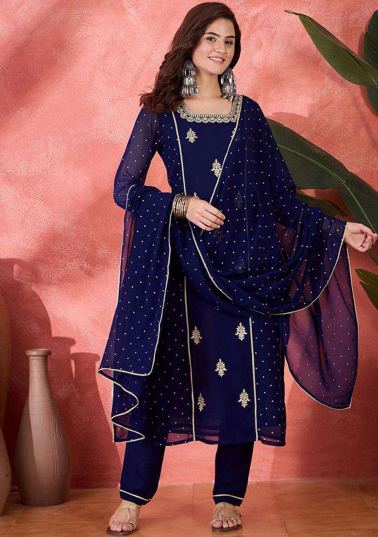 Navy Blue Embroidered Georgette Kurta Set - Indya