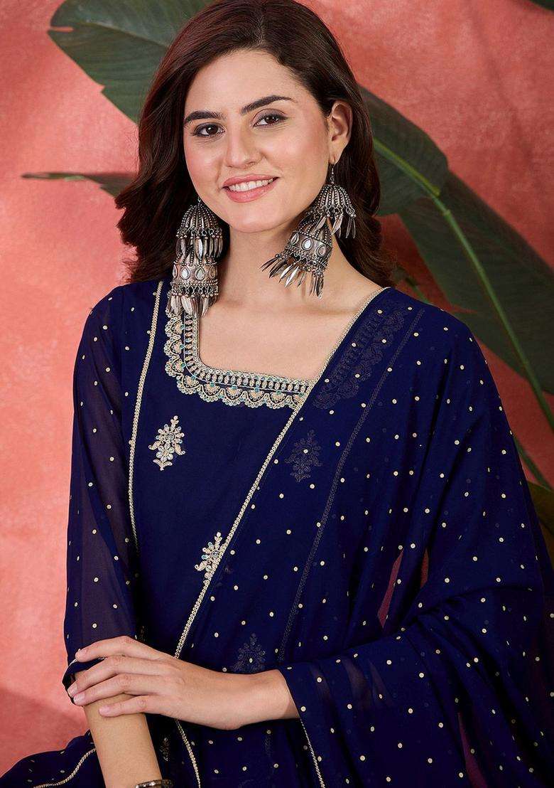 Navy Blue Embroidered Georgette Kurta Set - Indya