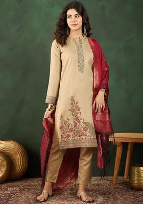 Beige Self Design Wool Blend Kurta Set