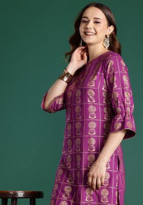 Purple Printed Viscose Kurta Set