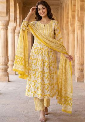Yellow Printed Cotton Kurta Set