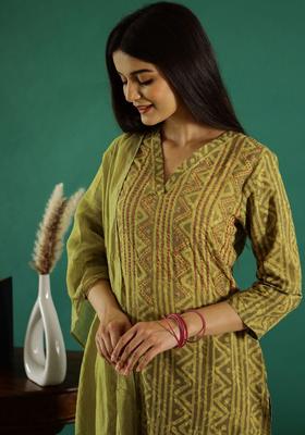 Lime Green Printed Cotton Kurta Set