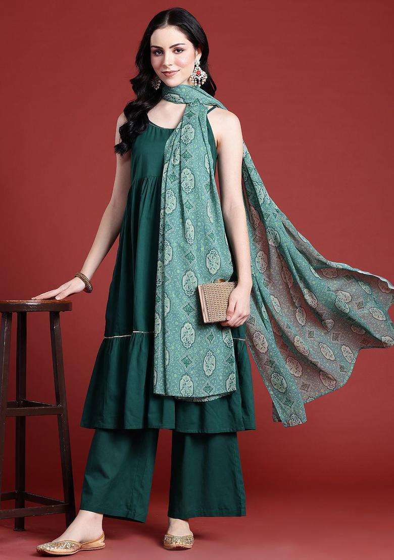 Green Solid Cotton Kurta Set - Indya