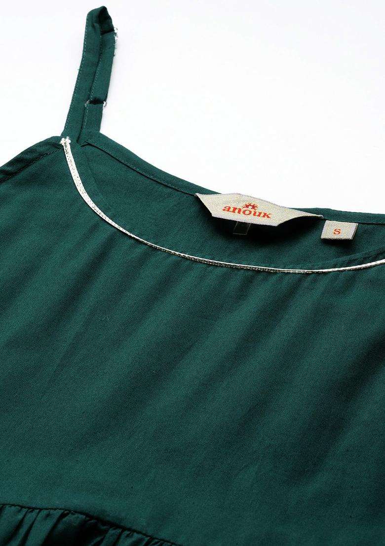 Green Solid Cotton Kurta Set - Indya