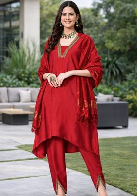Red Solid Silk Blend Kurta Set