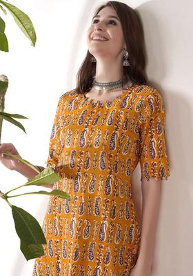 Orange Printed Cotton Kurta Set