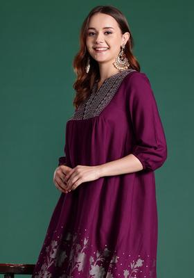Purple Printed Viscose Kurta Set