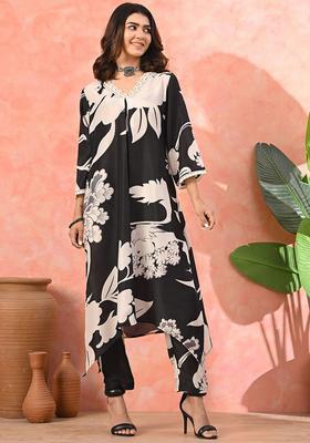 Black Printed Polyester Kurta Set