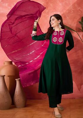 Green Embroidered Silk Kurta Set